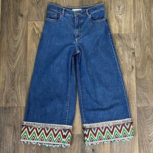 Alice + Olivia Women's Size 28 Beta Embroidered Wide Leg Cropped Denim Jean Boho